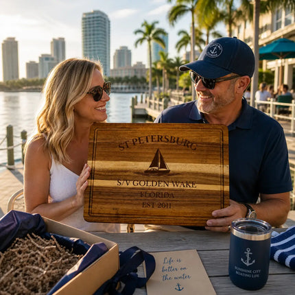 St Petersburg Florida personalized cutting board being given as a gift on a sunny dock with boats water and coastal Florida setting