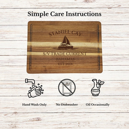 Staniel Cay Bahamas cutting board care instructions showing how to clean oil and maintain acacia wood for long lasting use