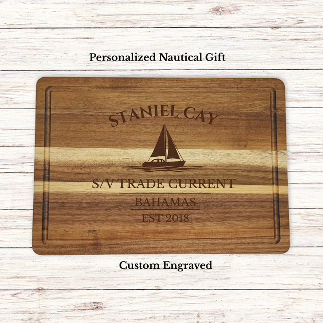 Staniel Cay Bahamas sailboat cutting board personalized with Trade Current boat name nautical gift