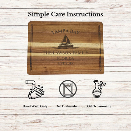 Tampa Bay Florida cutting board care instructions showing how to clean oil and maintain acacia wood for long lasting use