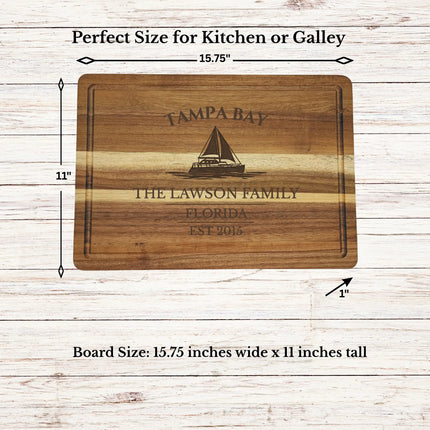 Tampa Bay Florida sailboat cutting board dimensions and features including size thickness juice groove and edge detail