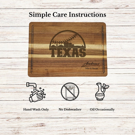Care instructions for acacia wood cutting board showing cleaning oiling and maintenance for long lasting use