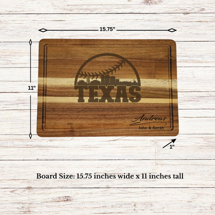Texas baseball cutting board dimensions showing size thickness and juice groove details on acacia wood board