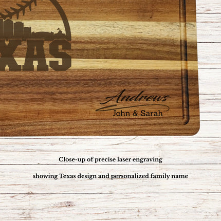 Close up of laser engraved Texas baseball design on personalized acacia wood cutting board