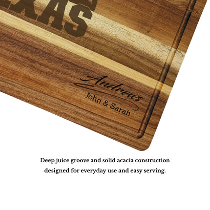 Acacia wood cutting board with deep juice groove and thick construction showing quality craftsmanship and durability