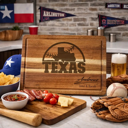 Texas baseball cutting board displayed in kitchen setting with food and drinks for casual entertaining