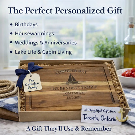 Thunder Bay Ontario personalized sailboat cutting board styled as a gift perfect for birthdays housewarmings weddings and Great Lakes coastal home decor