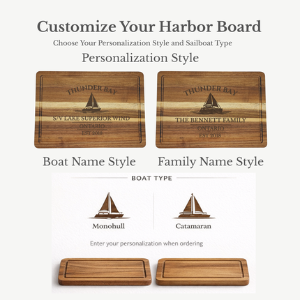 Thunder Bay Ontario sailboat cutting board design options showing custom engraving layout with boat name and established year preview