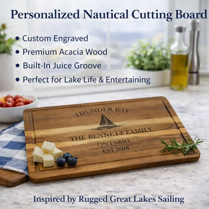 Thunder Bay Ontario sailboat cutting board in kitchen lifestyle setting used for serving highlighting custom engraving acacia wood durability and Great Lakes coastal decor