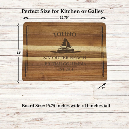 Tofino British Columbia sailboat cutting board dimensions and features including size thickness juice groove and reversible design