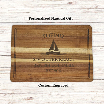 Tofino British Columbia sailboat cutting board personalized with Outer Reach boat name nautical gift
