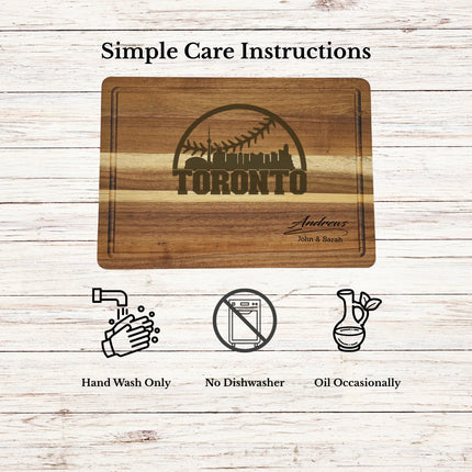 Care instructions for acacia wood cutting board showing cleaning oiling and maintenance for long lasting use