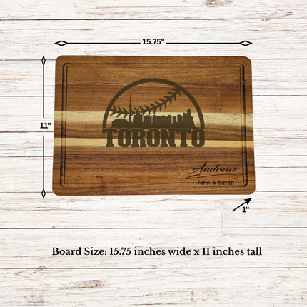 Toronto baseball cutting board dimensions showing size thickness and juice groove details on acacia wood board