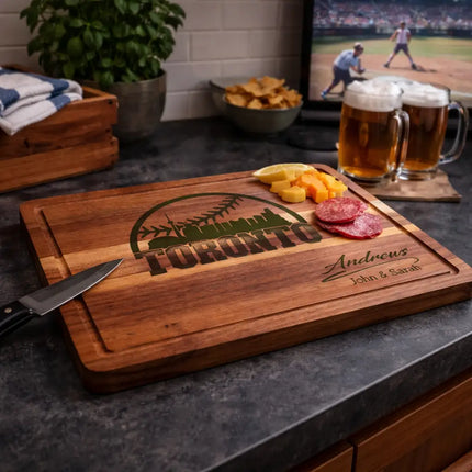 Toronto baseball cutting board displayed in kitchen or sports themed space with food and game day setup