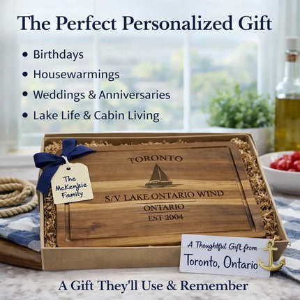 Toronto Ontario personalized sailboat cutting board styled as a gift idea perfect for birthdays housewarmings weddings and nautical home decor lovers