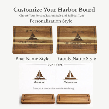 Toronto Ontario sailboat cutting board design options showing engraving layout choices with custom boat name and established date preview