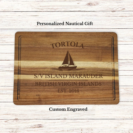 Tortola British Virgin Islands sailboat cutting board personalized with Island Escape boat name nautical gift