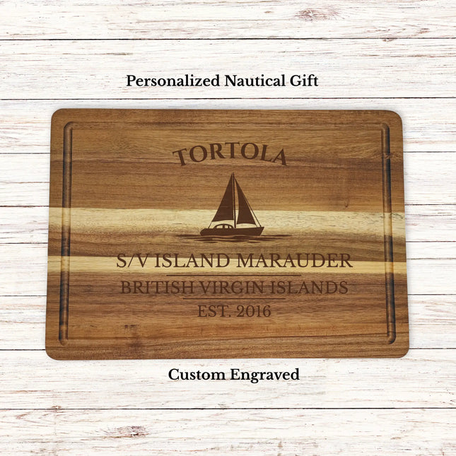 Tortola British Virgin Islands sailboat cutting board personalized with Island Escape boat name nautical gift