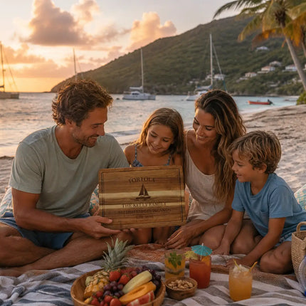 Tortola British Virgin Islands personalized cutting board being shared during a tropical Caribbean catamaran gathering beside turquoise water and island scenery