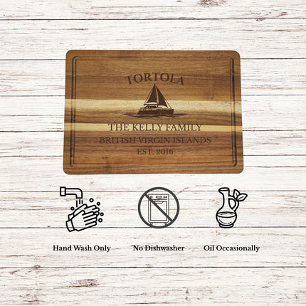 Tortola British Virgin Islands cutting board care instructions showing how to clean oil and maintain acacia wood for long lasting use