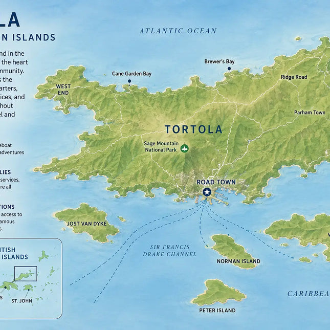 Illustrated overview map of Tortola in the British Virgin Islands showing Road Town, major bays, neighboring islands, and key sailing destinations throughout the BVI.