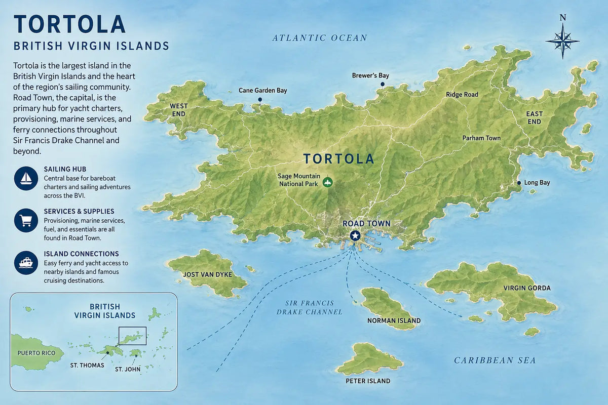 Illustrated overview map of Tortola in the British Virgin Islands showing Road Town, major bays, neighboring islands, and key sailing destinations throughout the BVI.