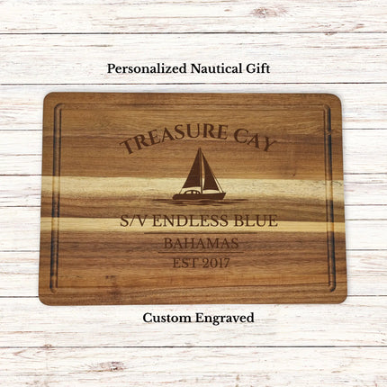Treasure Cay Bahamas sailboat cutting board personalized with Endless Blue boat name nautical gift