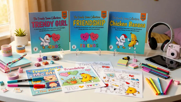 The Trendy Tween Collection featuring Trendy Girl, Friendship, and Chicken Banana coloring and activity books displayed with partially completed activity pages, markers, friendship bracelets, headphones, instant camera, and colorful tween craft supplies.