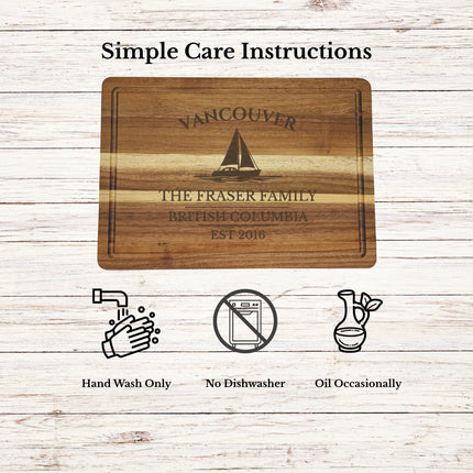 Vancouver British Columbia cutting board care instructions showing how to clean oil and maintain acacia wood