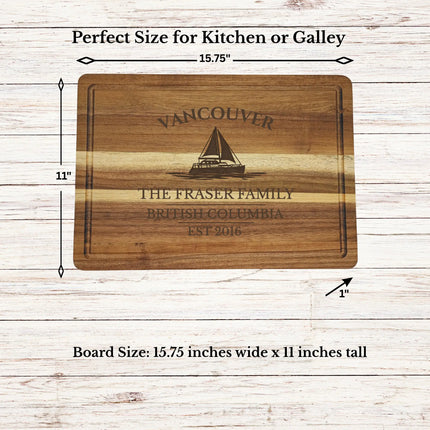 Vancouver British Columbia sailboat cutting board dimensions and features including size thickness juice groove and reversible acacia wood design