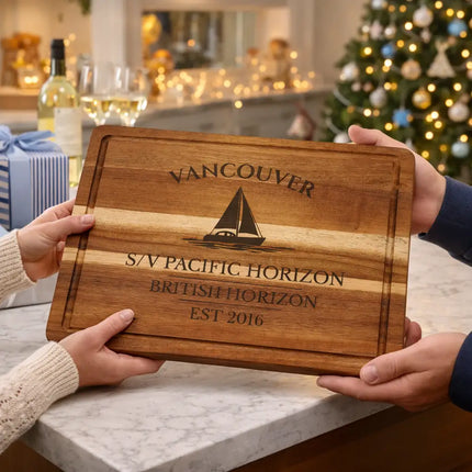 Vancouver British Columbia personalized cutting board gift exchange with festive setting and nautical themed presentation