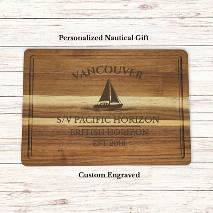 Vancouver British Columbia sailboat cutting board personalized with Pacific Horizon boat name nautical gift