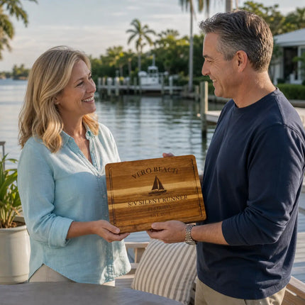 Vero Beach Florida personalized cutting board being given as a gift on a dock near calm water with a quiet residential coastal setting