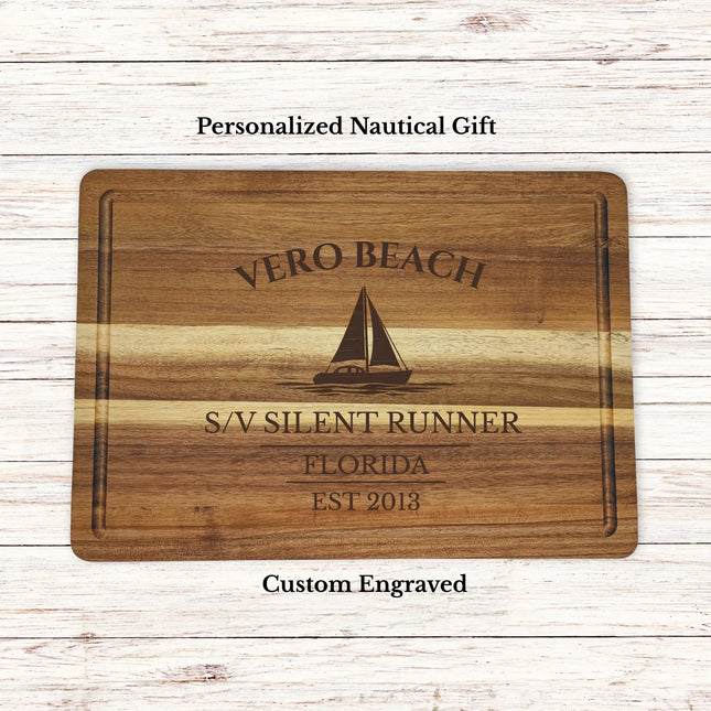 Vero Beach Florida sailboat cutting board personalized with Quiet Current boat name nautical gift