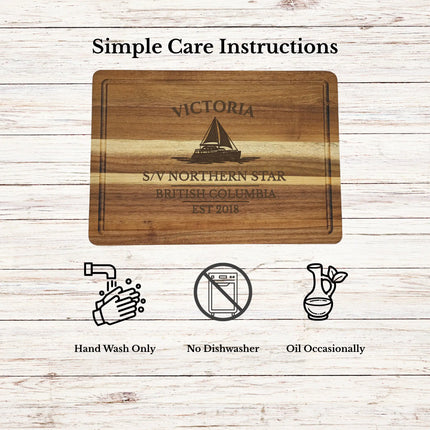 Victoria British Columbia cutting board care instructions showing how to clean oil and maintain acacia wood
