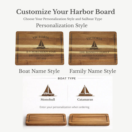 Victoria British Columbia cutting board personalization options showing boat name family name established year and sailboat engraving choices