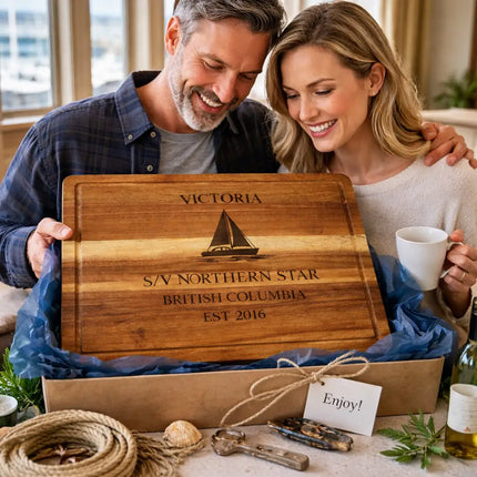 Victoria British Columbia personalized cutting board being opened as a nautical gift with coastal themed presentation