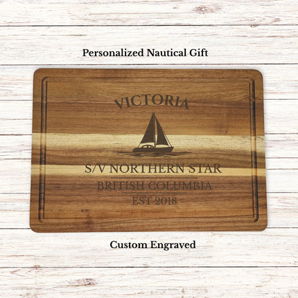 Victoria British Columbia sailboat cutting board personalized with Northern Star boat name nautical gift