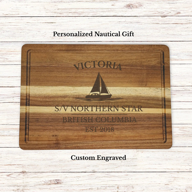 Victoria British Columbia sailboat cutting board personalized with Northern Star boat name nautical gift