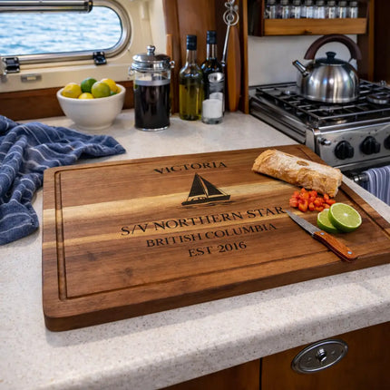 Victoria British Columbia sailboat cutting board used in a boat galley with fresh ingredients after a day on the water