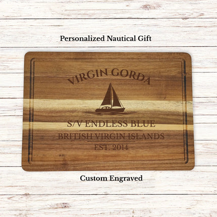 Virgin Gorda British Virgin Islands sailboat cutting board personalized with Endless Blue boat name nautical gift