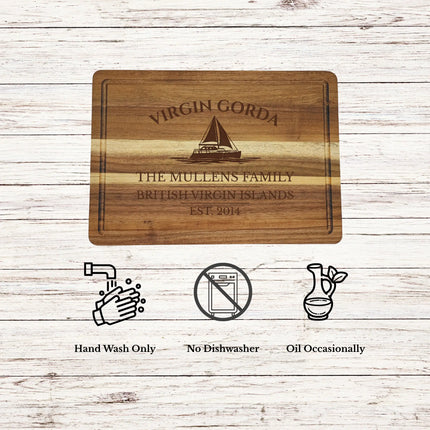 Virgin Gorda British Virgin Islands cutting board care instructions showing how to clean oil and maintain acacia wood for long lasting use