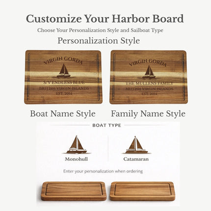 Virgin Gorda British Virgin Islands cutting board personalization options showing custom boat name family name established year and sailboat engraving styles