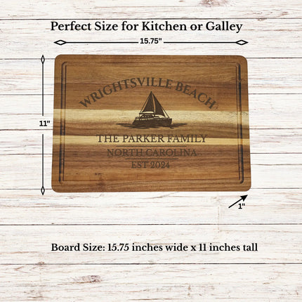 Wrightsville Beach North Carolina sailboat cutting board showing size and dimensions on premium acacia wood