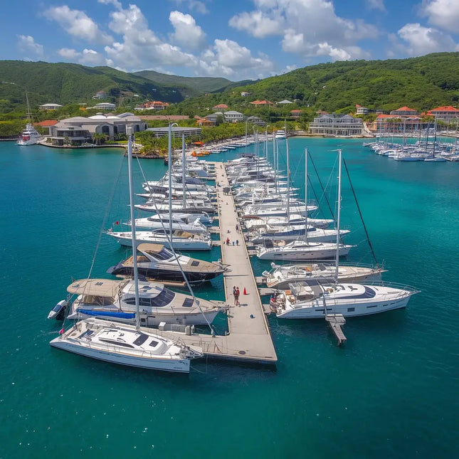 Cruising sailboats and catamarans moored at a marina inspired by Yacht Haven Grande in Charlotte Amalie, St. Thomas, U.S. Virgin Islands.