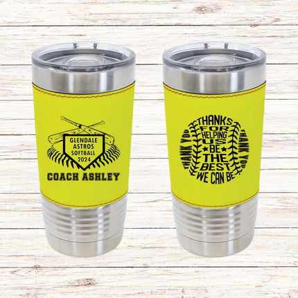 Custom Softball Tumbler | Personalized Coach Gift | Softball Team Insulated Tumbler | Leatherette 20 Ounce Tumbler | Softball Coach Award