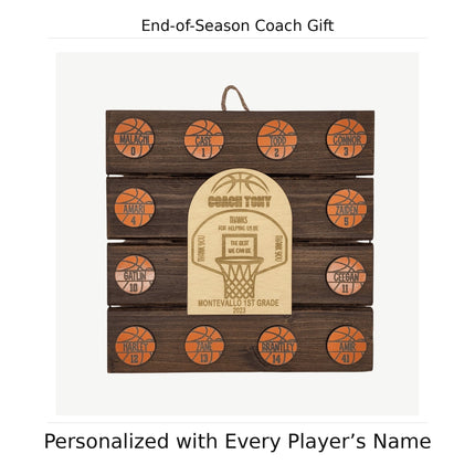 Personalized youth basketball coach award plaque featuring engraved player names and team message, ideal end-of-season coach gift