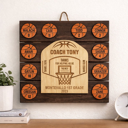 Personalized youth basketball coach award plaque displayed on a wall with engraved player names and coach message