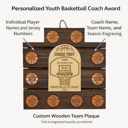 Personalized Youth Basketball Coach Award – Custom Team Plaque with Player Names