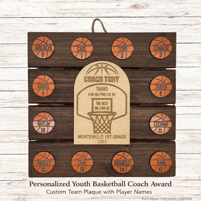 Personalized youth basketball coach award plaque with custom player names and jersey numbers engraved on wood